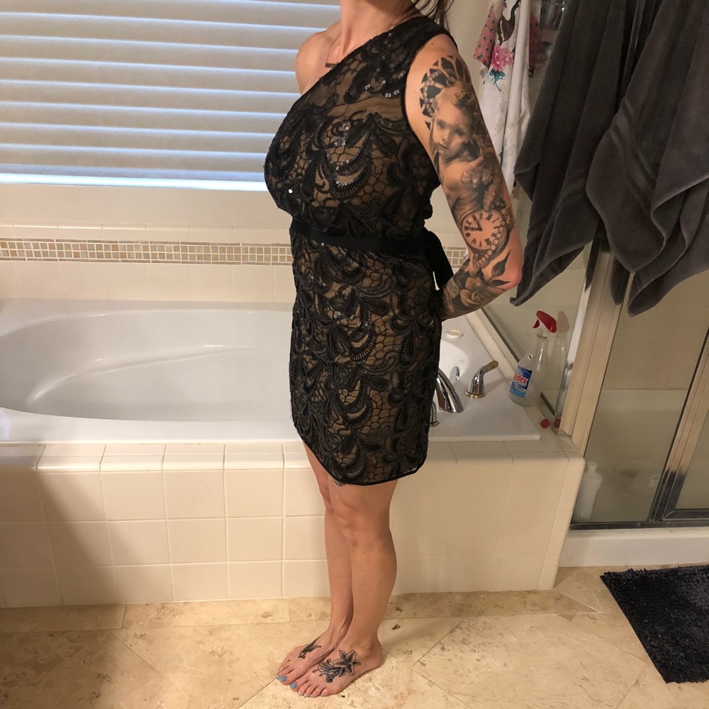 One shoulder black glitter lace dress